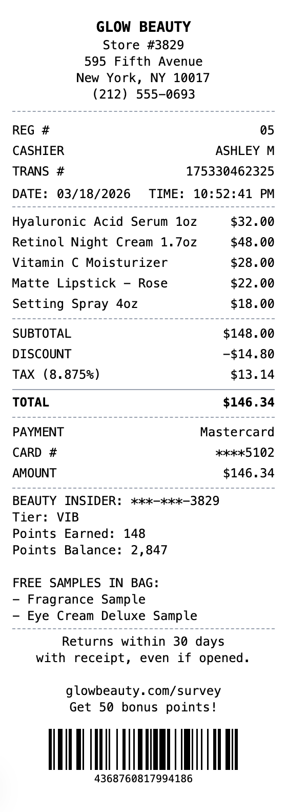 Beauty Store Receipt example showing beauty-store format with itemized list, totals, and payment details