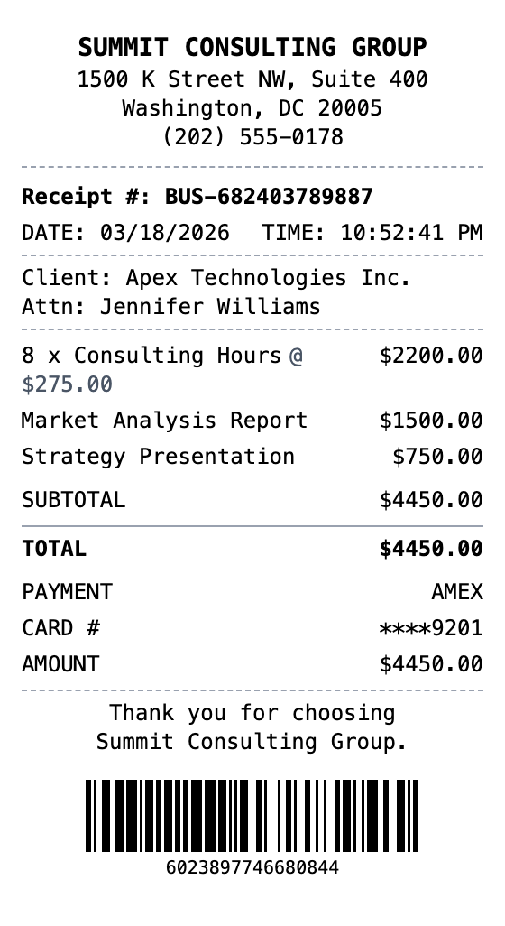 Business Receipt example showing business format with itemized list, totals, and payment details
