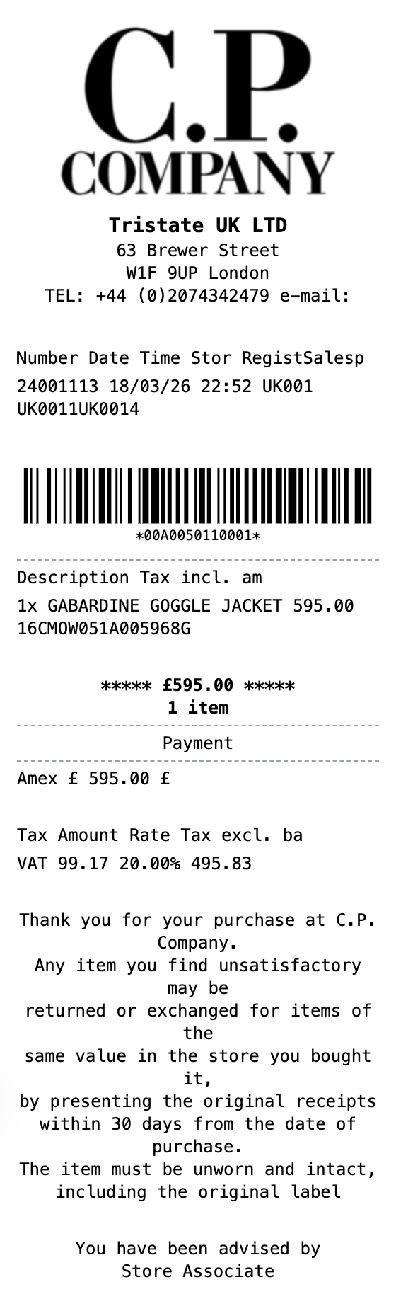 C.P. Company Receipt example showing cp-company format with itemized list, totals, and payment details