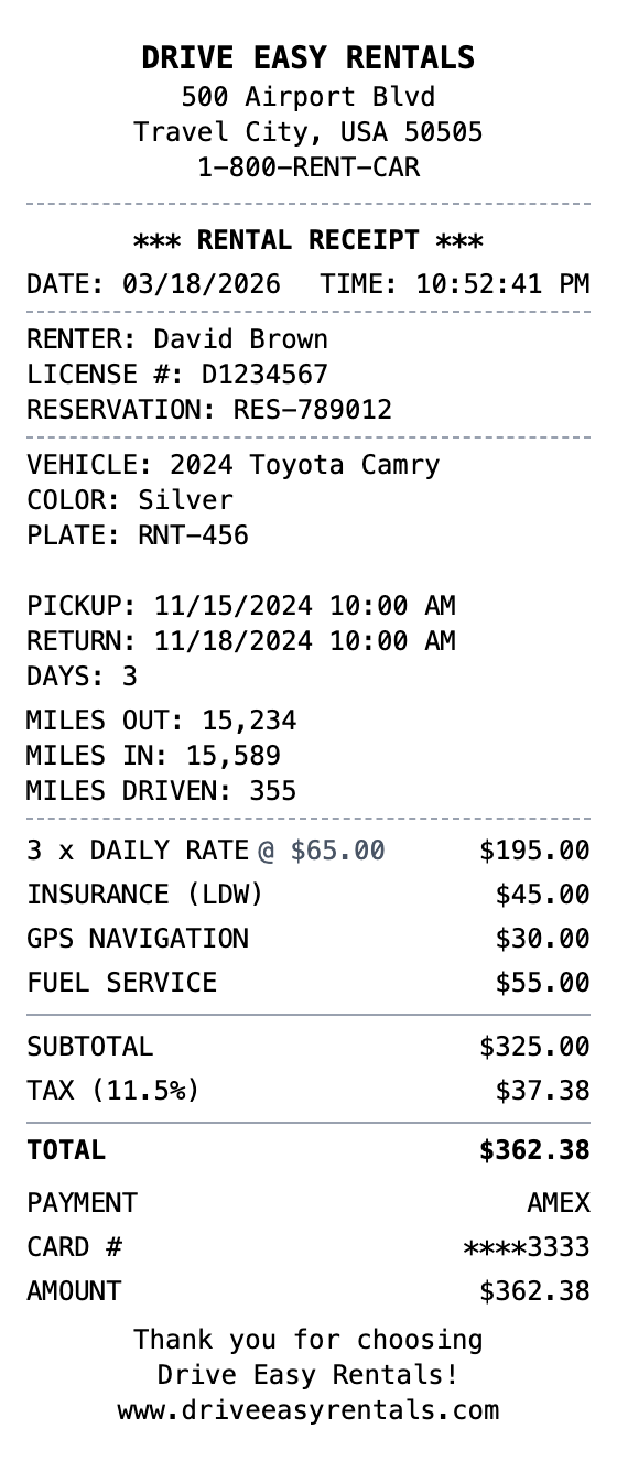 Car Rental Receipt example showing car-rental format with itemized list, totals, and payment details