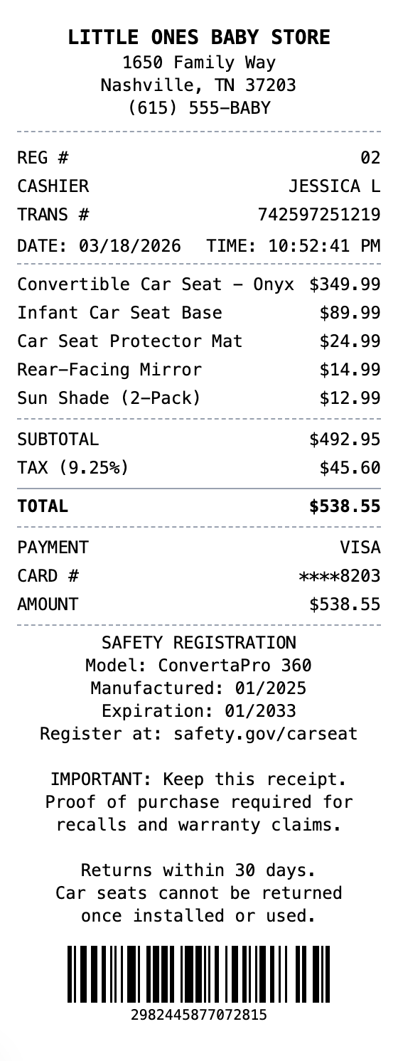 Car Seat Receipt example showing car-seat format with itemized list, totals, and payment details