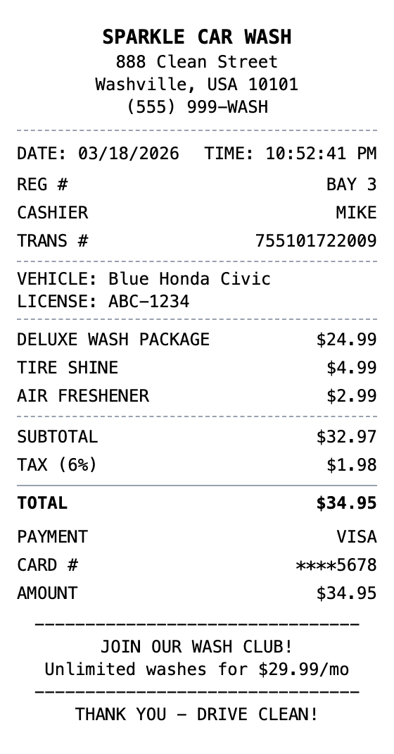 Car Wash Receipt example showing car-wash format with itemized list, totals, and payment details