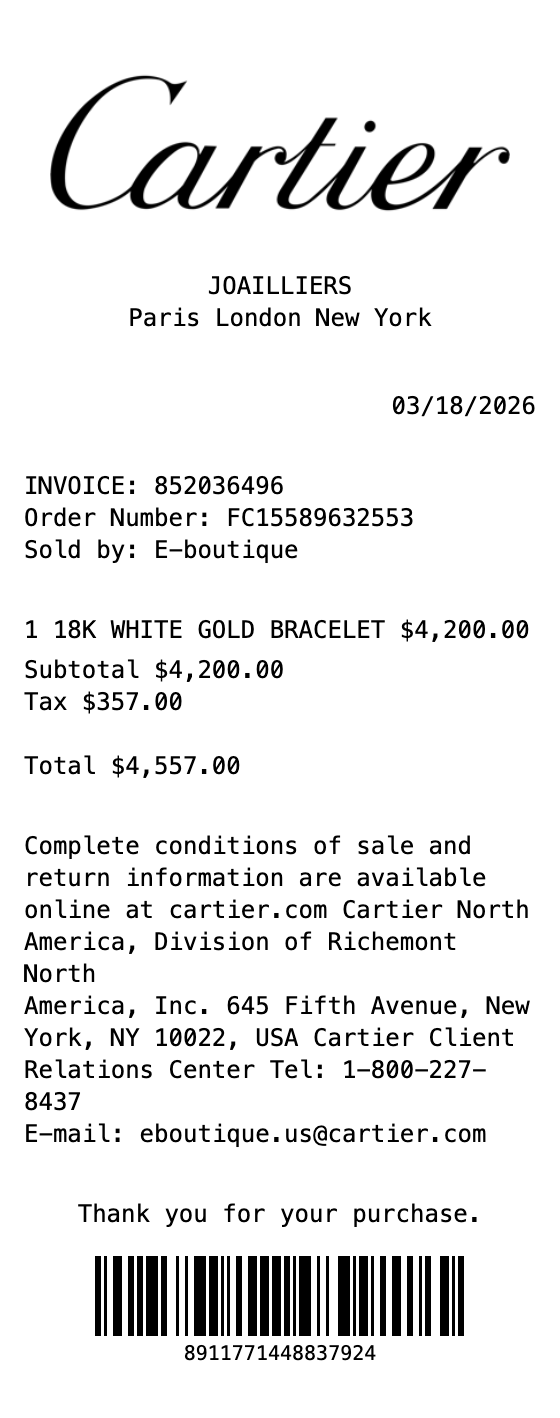 Cartier Receipt example showing cartier format with itemized list, totals, and payment details