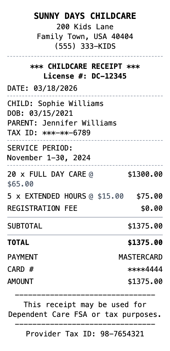 Childcare Receipt example showing childcare format with itemized list, totals, and payment details