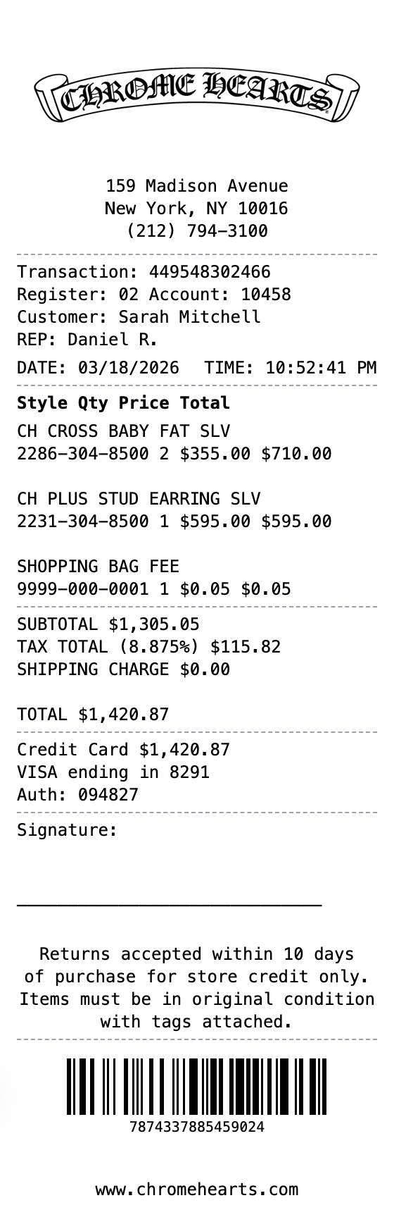 Chrome Hearts Receipt example showing chromehearts format with itemized list, totals, and payment details