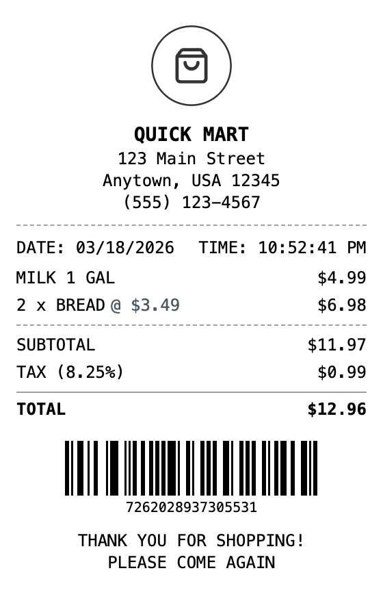 Convenience Store Receipt example showing convenience format with itemized list, totals, and payment details