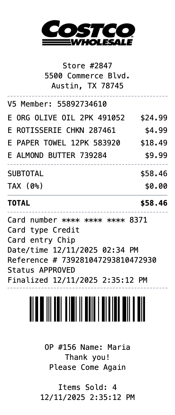 Costco Receipt example showing costco format with itemized list, totals, and payment details