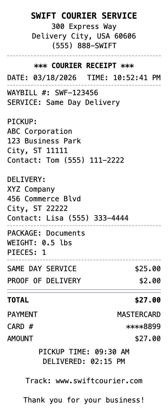 Courier Receipt example showing courier format with itemized list, totals, and payment details