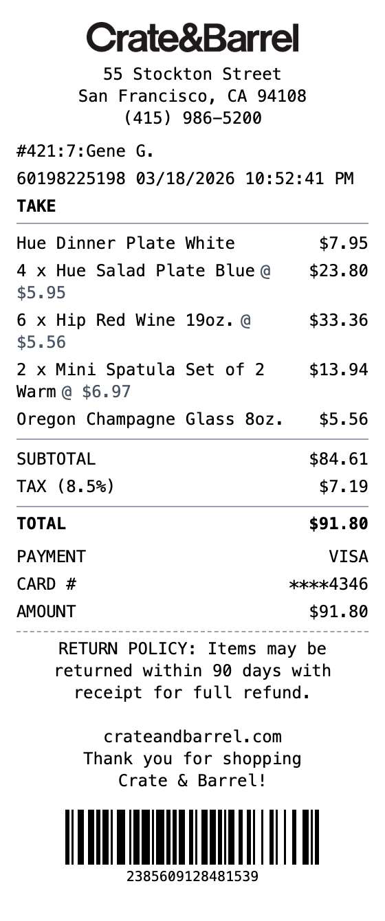 Crate & Barrel Receipt example showing crate-barrel format with itemized list, totals, and payment details