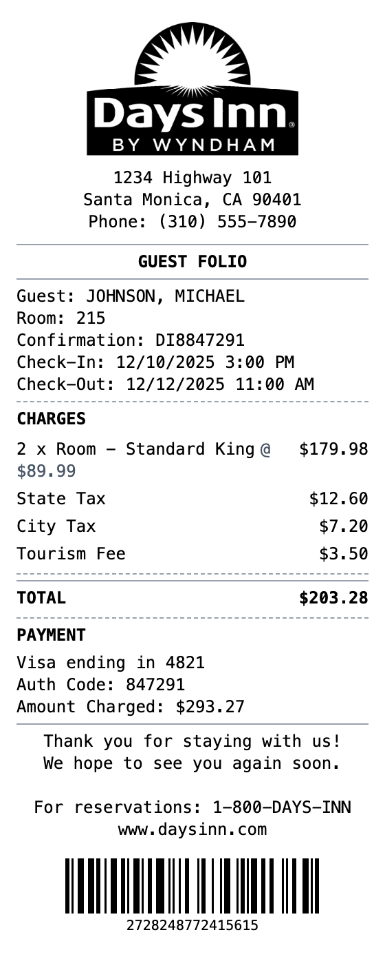 Days Inn Receipt example showing daysinn format with itemized list, totals, and payment details