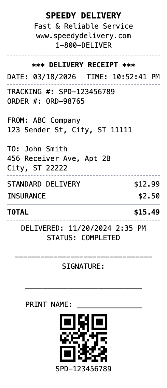Delivery Receipt example showing delivery format with itemized list, totals, and payment details