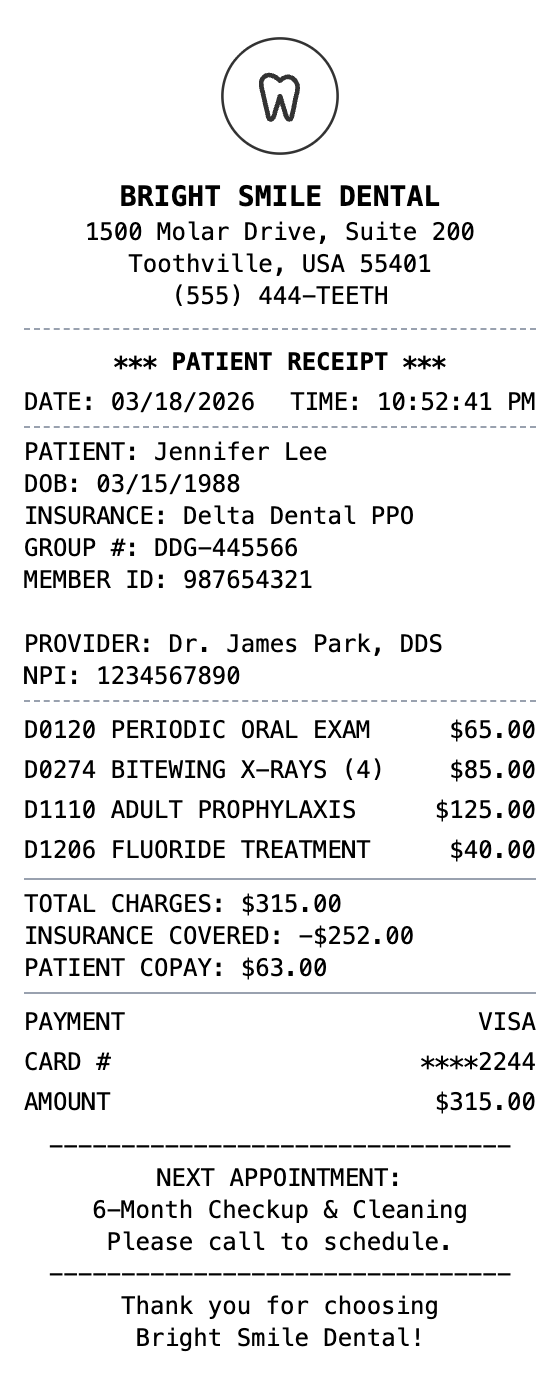 Dental Receipt example showing dental format with itemized list, totals, and payment details