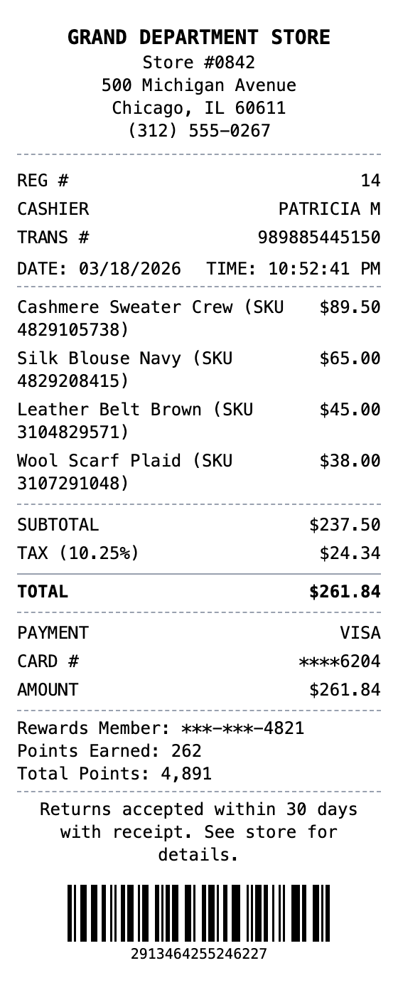 Department Store Receipt example showing department-store format with itemized list, totals, and payment details