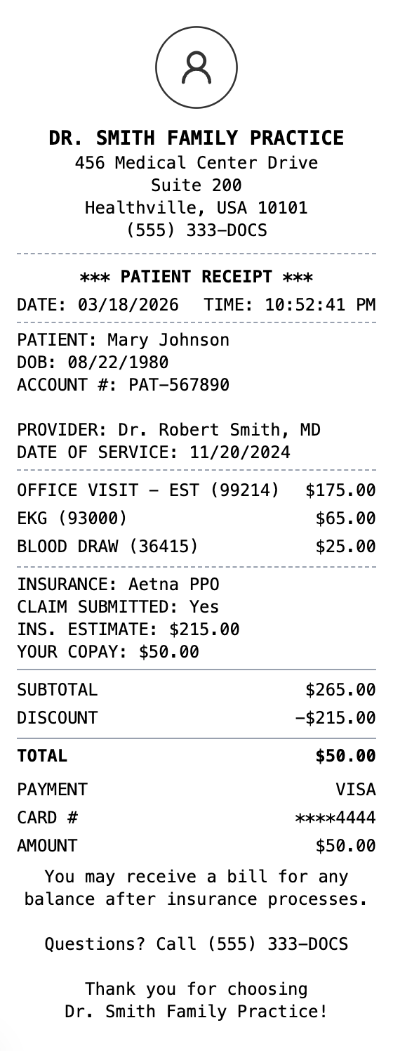 Doctor Receipt example showing doctor format with itemized list, totals, and payment details