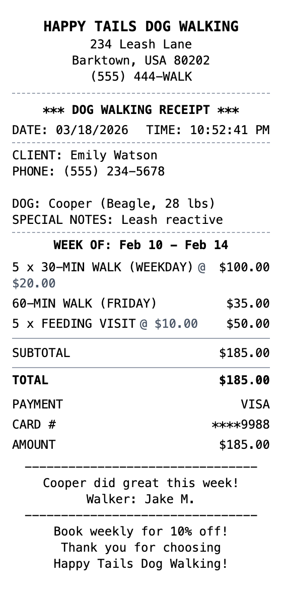 Dog Walking Receipt example showing dog-walking format with itemized list, totals, and payment details
