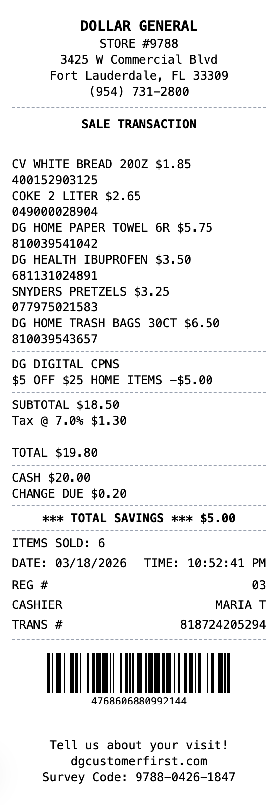 Dollar General Receipt example showing dollargeneral format with itemized list, totals, and payment details