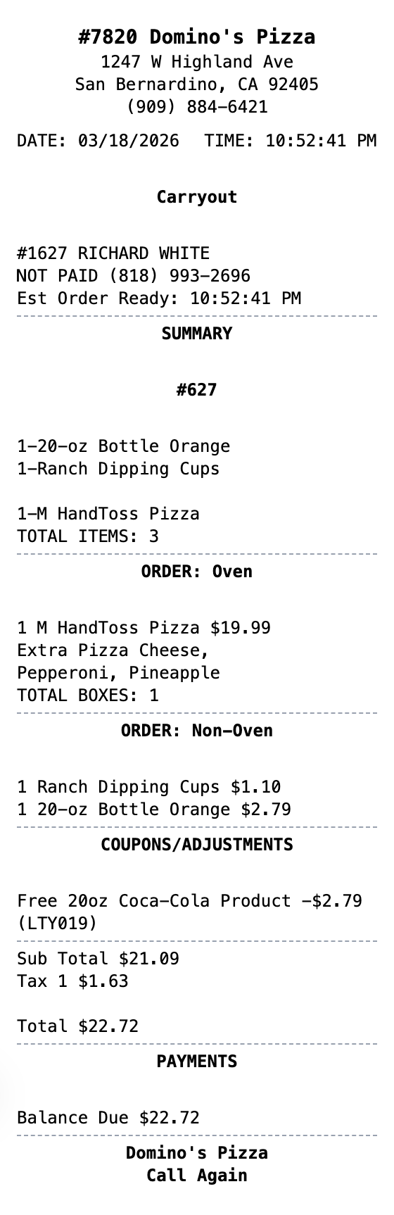 Domino's Receipt example showing dominos format with itemized list, totals, and payment details