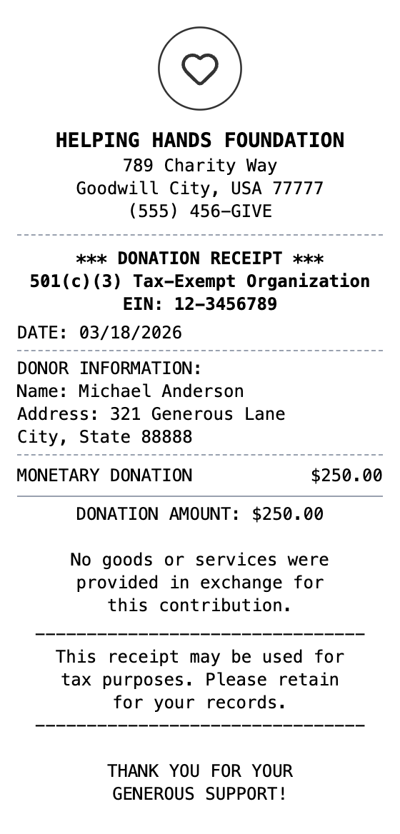 Donation Receipt example showing donation format with itemized list, totals, and payment details