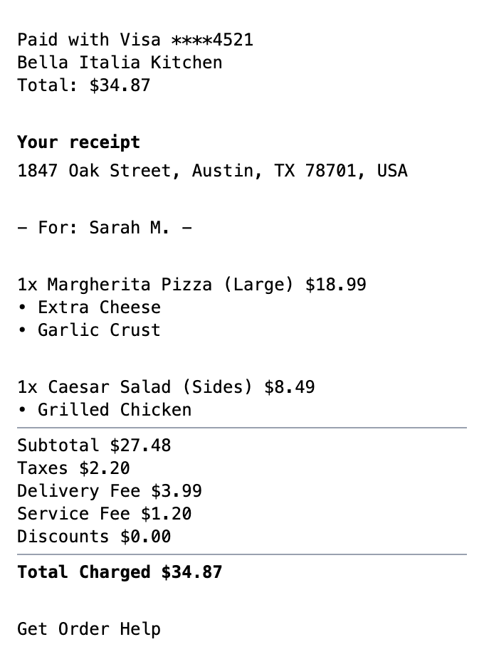 DoorDash Receipt example showing doordash format with itemized list, totals, and payment details