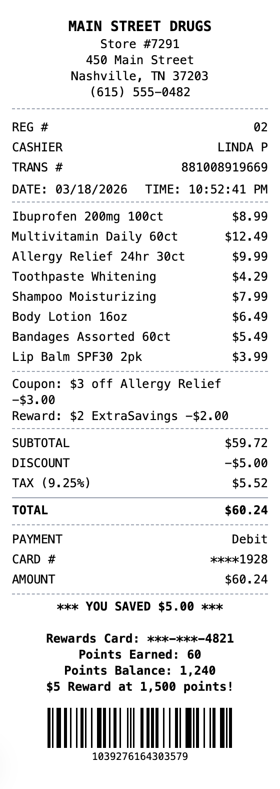 Drugstore Receipt example showing drugstore format with itemized list, totals, and payment details