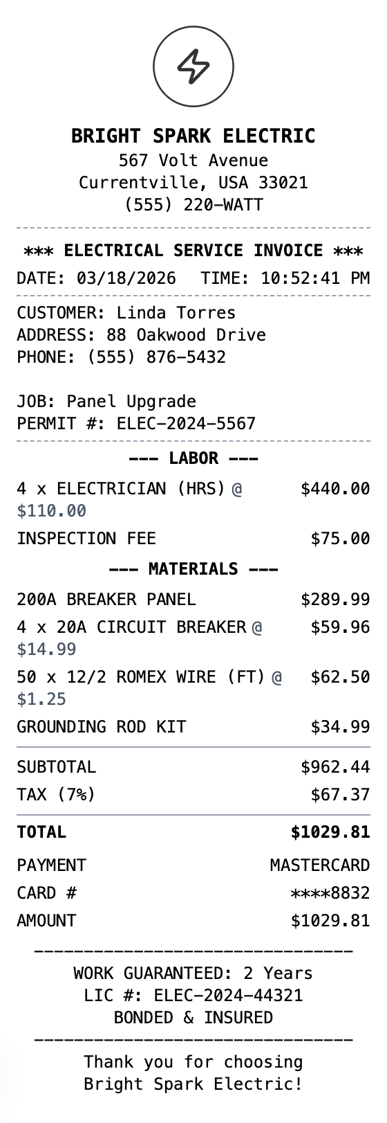 Electrician Receipt example showing electrician format with itemized list, totals, and payment details