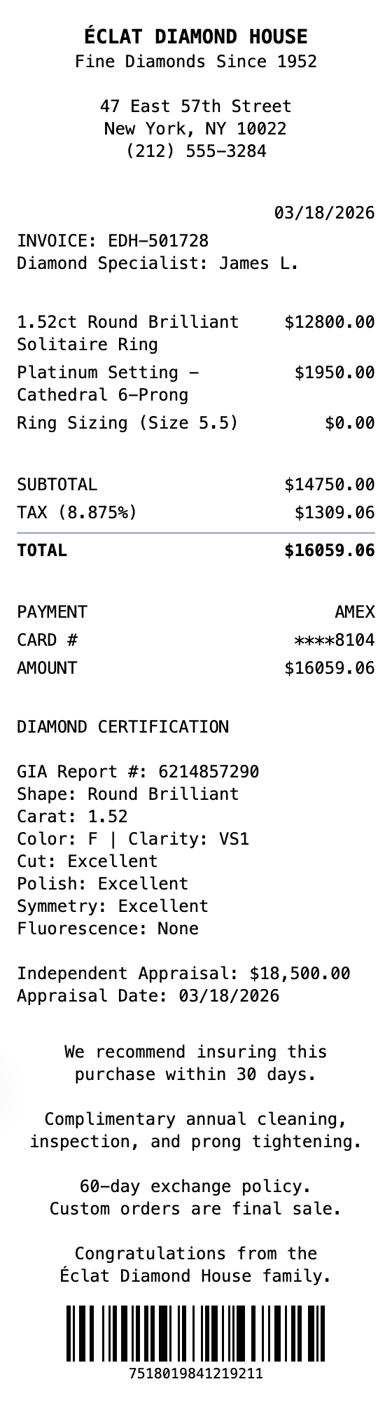Engagement Ring Receipt example showing engagement-ring format with itemized list, totals, and payment details