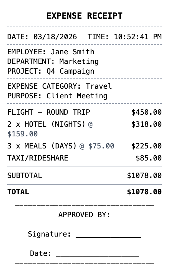Expense Receipt example showing expense format with itemized list, totals, and payment details