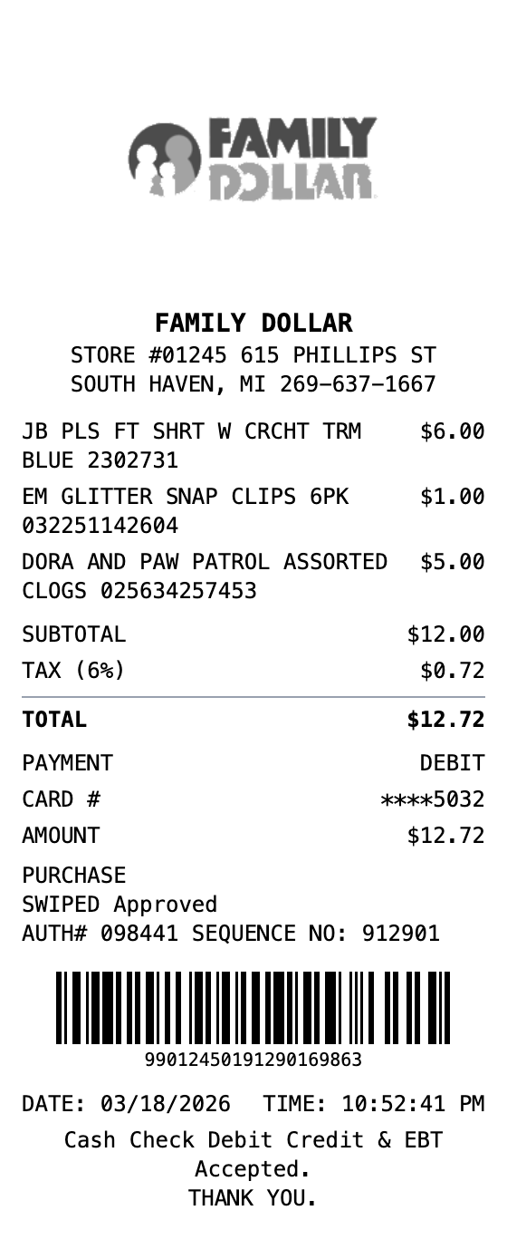 Family Dollar Receipt example showing familydollar format with itemized list, totals, and payment details