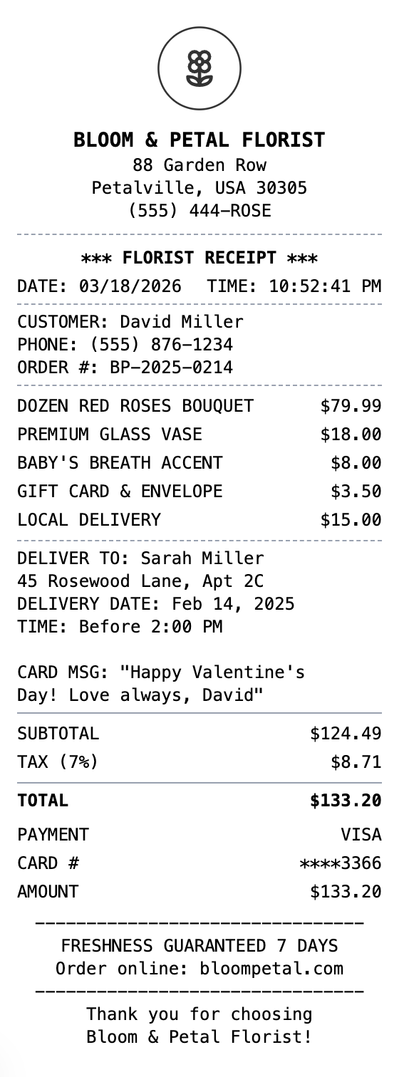 Florist Receipt example showing florist format with itemized list, totals, and payment details