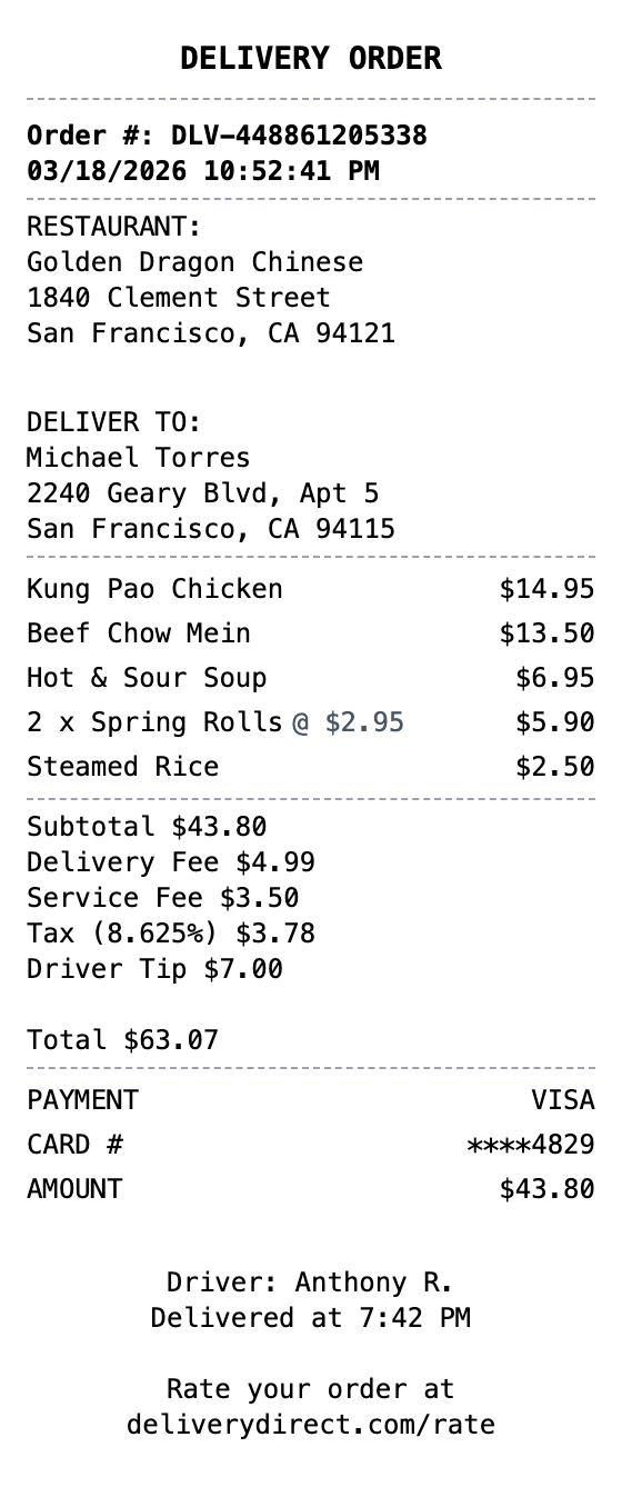 Food Delivery Receipt example showing food-delivery format with itemized list, totals, and payment details