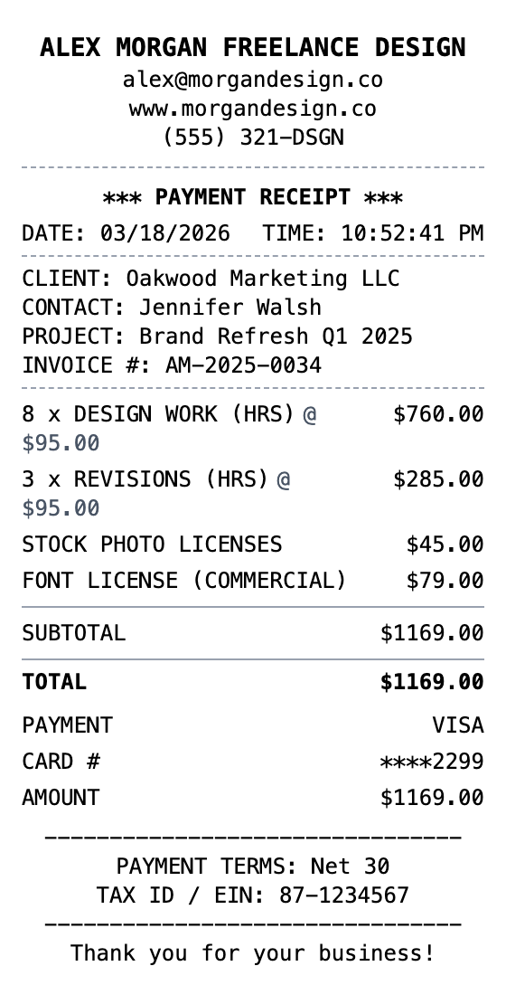 Freelancer Receipt example showing freelancer format with itemized list, totals, and payment details