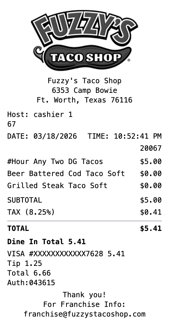 Fuzzy's Taco Shop Receipt example showing fuzzystacoshop format with itemized list, totals, and payment details