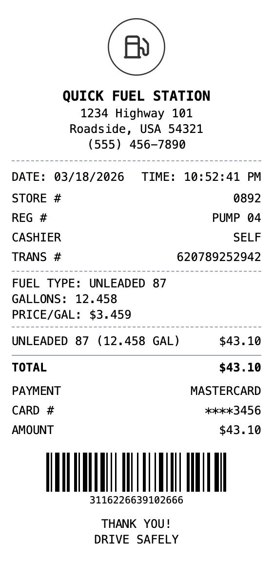 Gas Station Receipt example showing gas-station format with itemized list, totals, and payment details