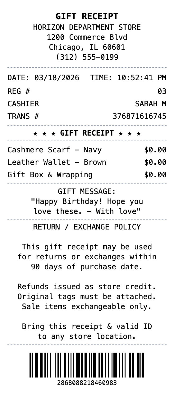 Gift Receipt example showing gift format with itemized list, totals, and payment details
