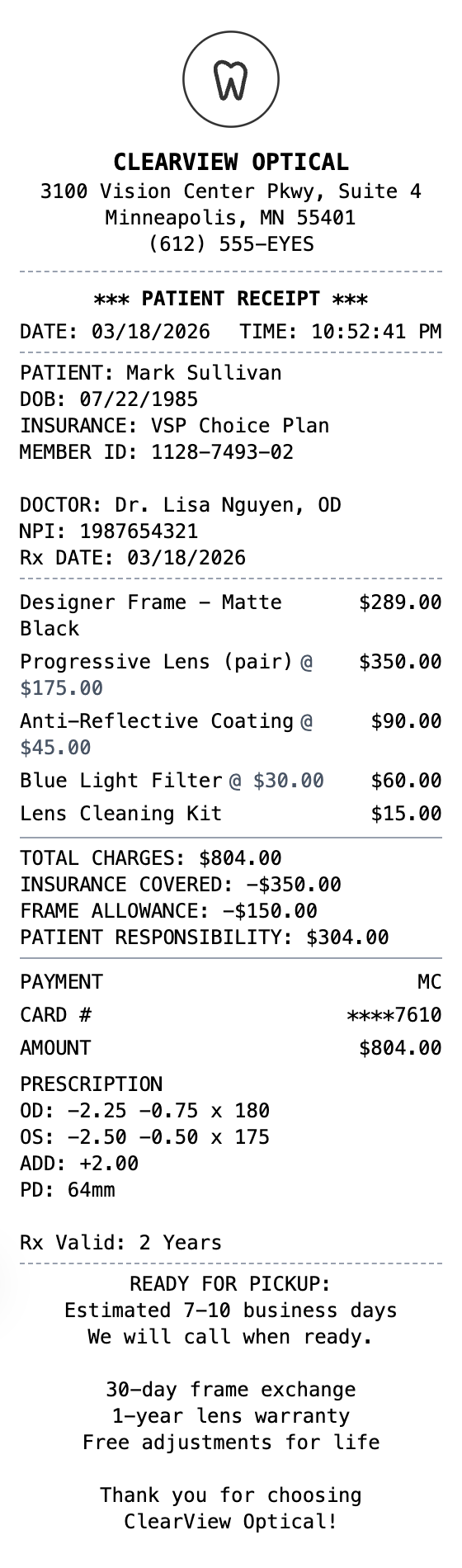 Glasses Receipt example showing optician format with itemized list, totals, and payment details