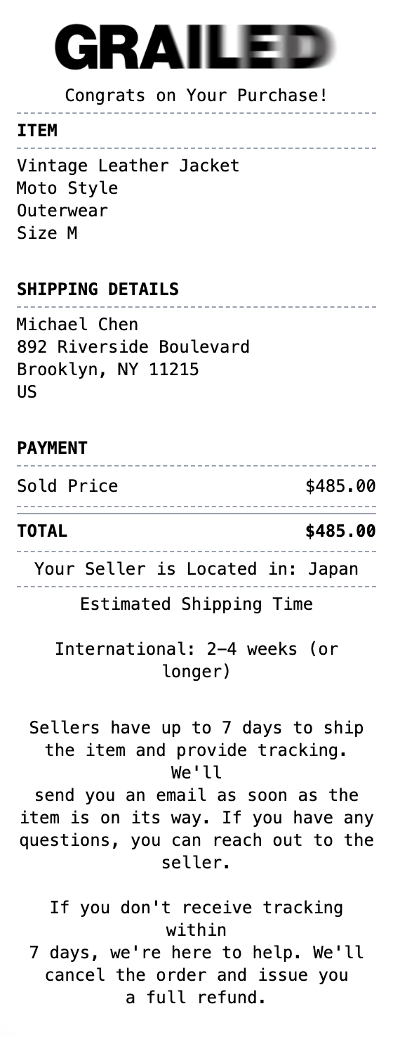 Grailed Receipt example showing grailed format with itemized list, totals, and payment details