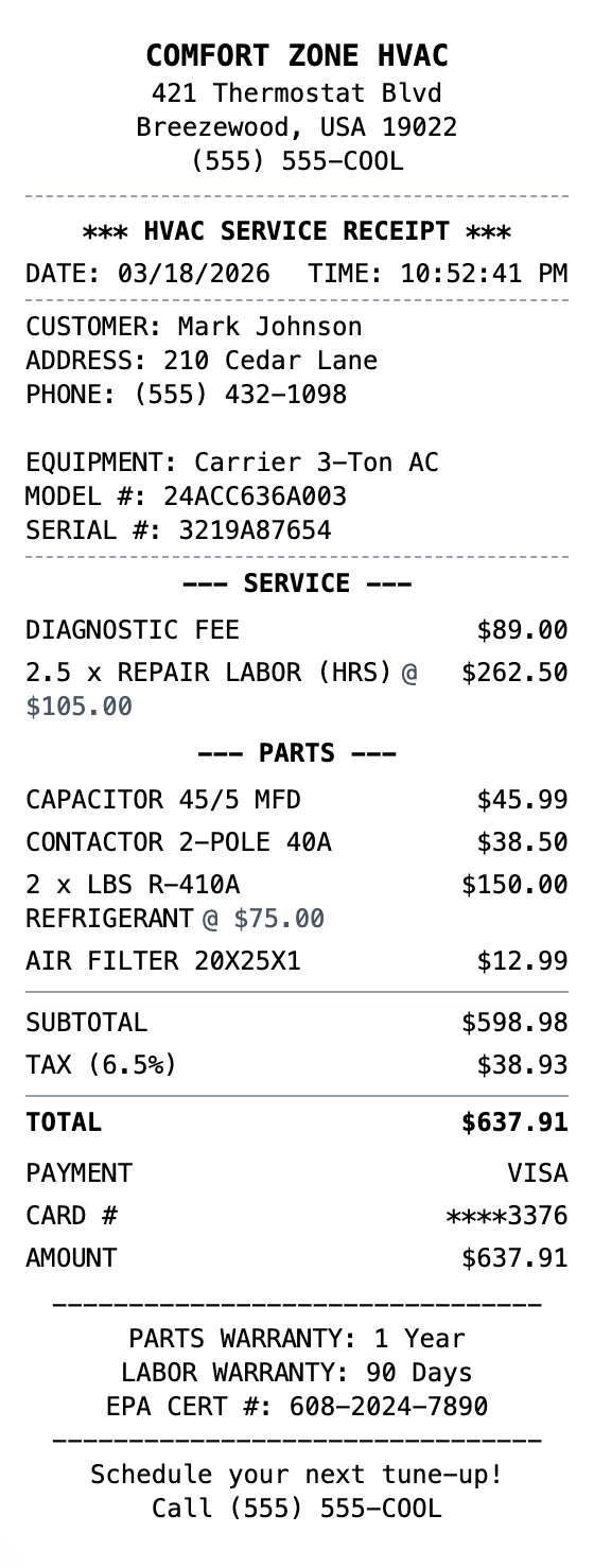 HVAC Receipt example showing hvac format with itemized list, totals, and payment details