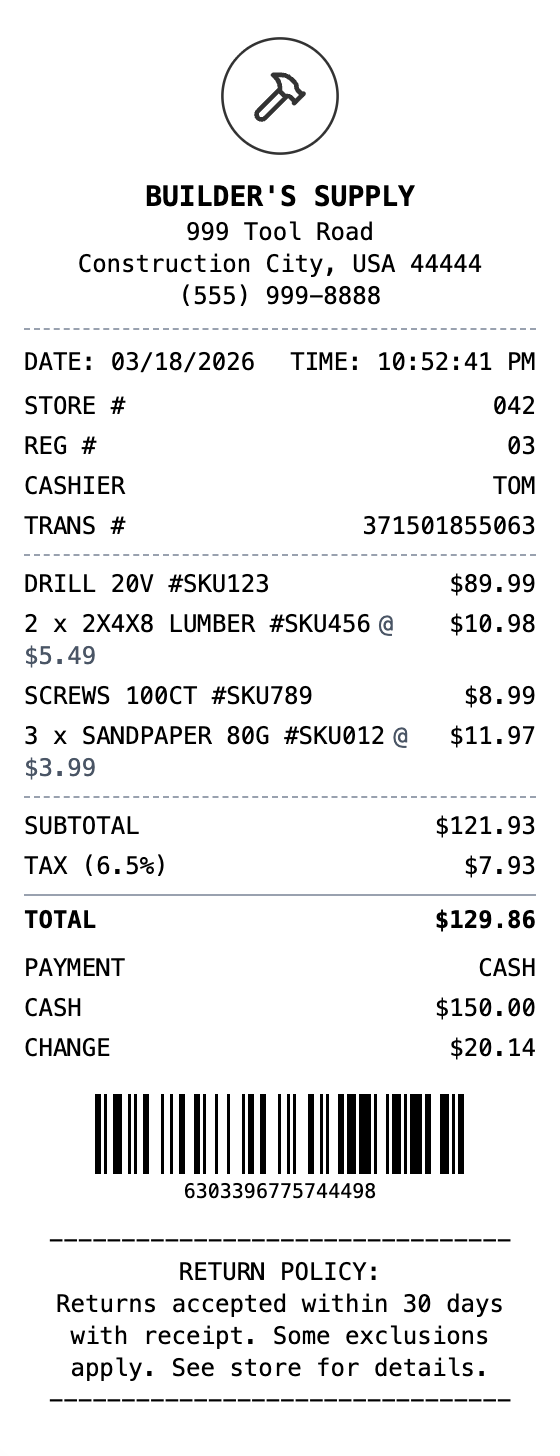 Hardware Store Receipt example showing hardware format with itemized list, totals, and payment details