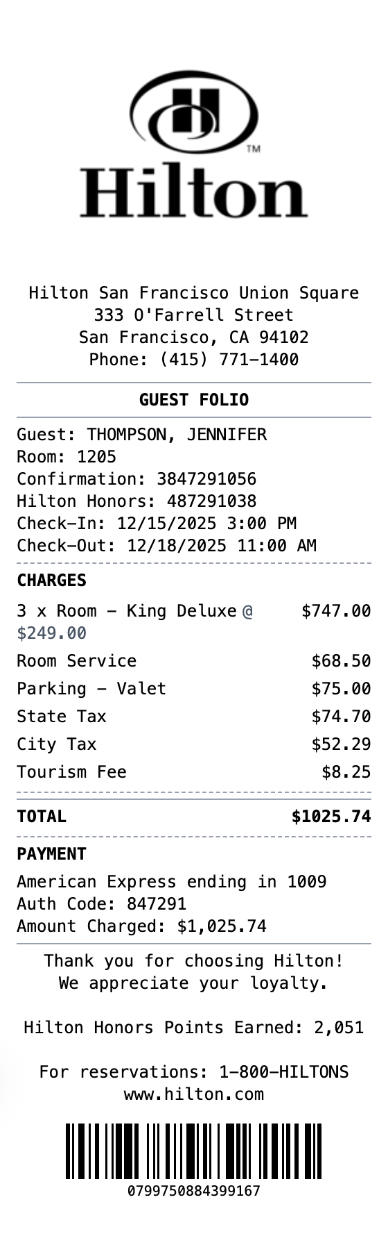 Hilton Receipt example showing hilton format with itemized list, totals, and payment details