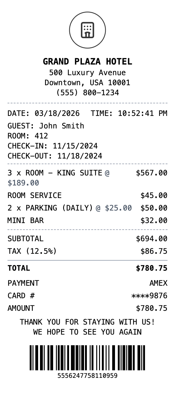 Hotel Receipt example showing hotel format with itemized list, totals, and payment details