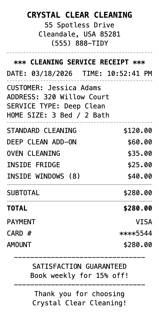 House Cleaning Receipt example showing house-cleaning format with itemized list, totals, and payment details