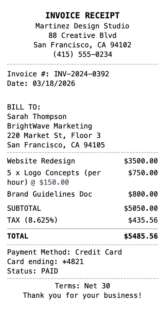Invoice Receipt example showing invoice format with itemized list, totals, and payment details
