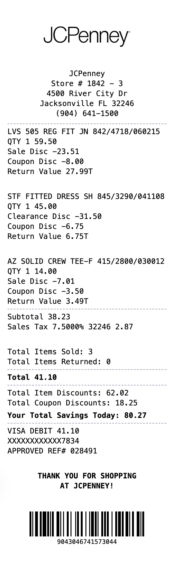 JCPenney Receipt example showing big-box format with itemized list, totals, and payment details