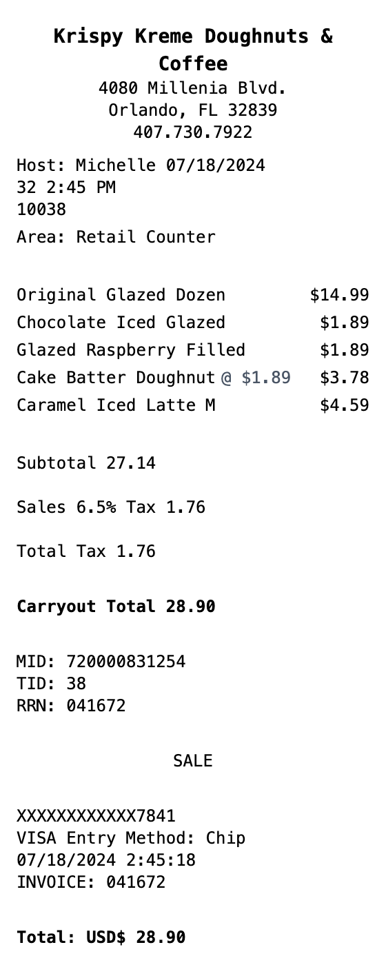 Krispy Kreme Receipt example showing krispy-kreme format with itemized list, totals, and payment details