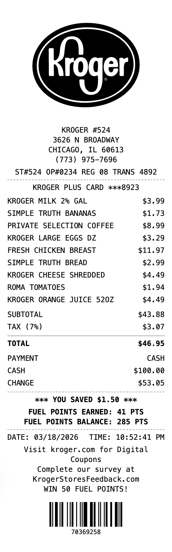 Kroger Receipt example showing grocery format with itemized list, totals, and payment details