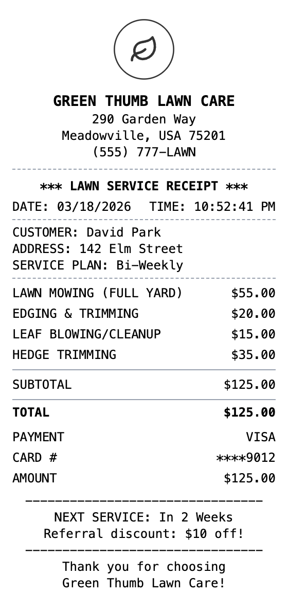 Lawn Care Receipt example showing lawn-care format with itemized list, totals, and payment details