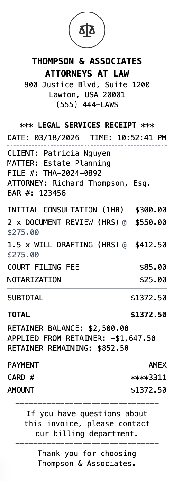 Lawyer Receipt example showing lawyer format with itemized list, totals, and payment details