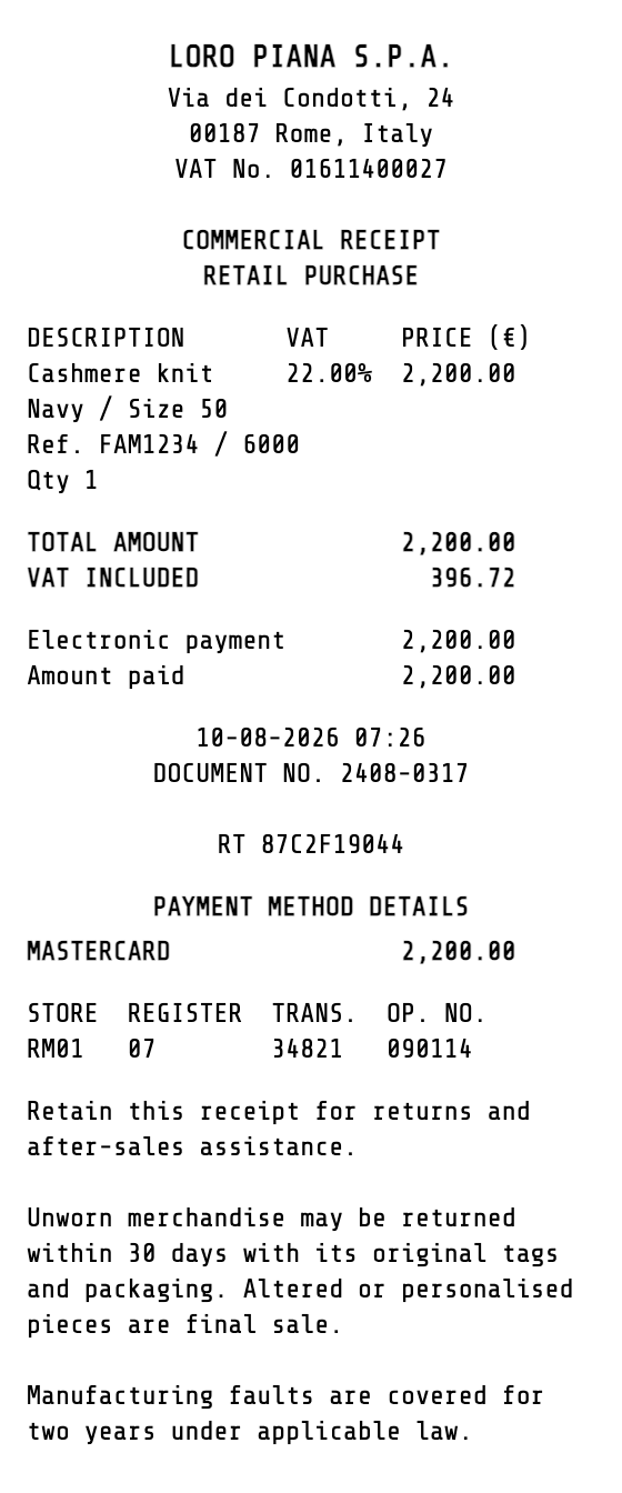 Loro Piana Receipt example showing loro-piana format with itemized list, totals, and payment details