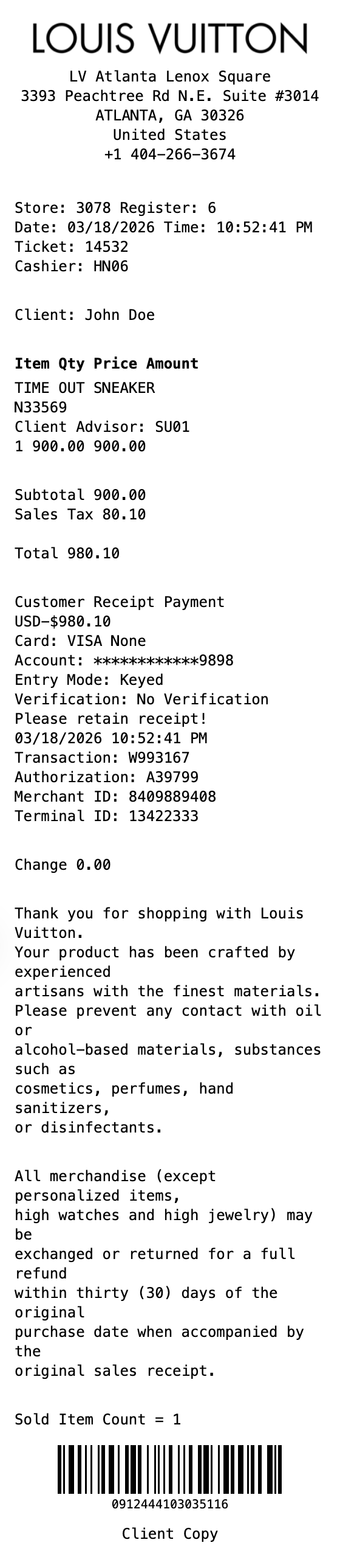 Louis Vuitton Receipt example showing louis-vuitton format with itemized list, totals, and payment details