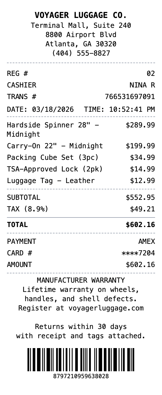 Luggage Receipt example showing luggage format with itemized list, totals, and payment details
